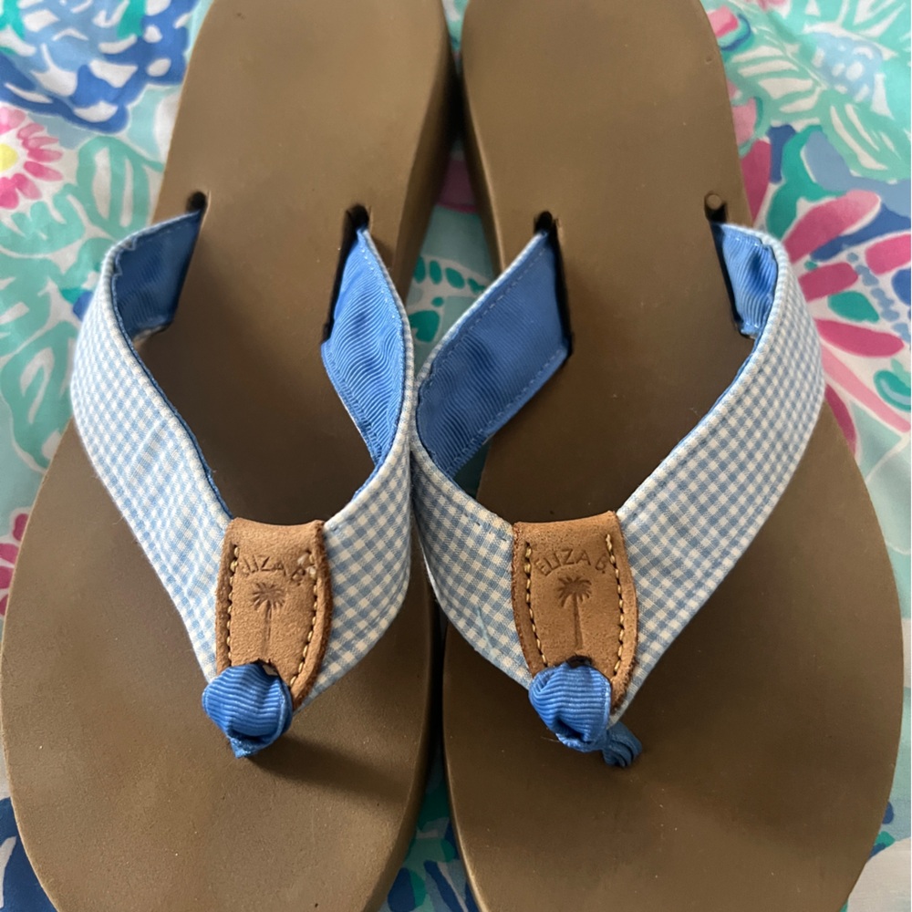 Eliza B Flip Flops Blue & White Gingham Flip Flop Sandals 8